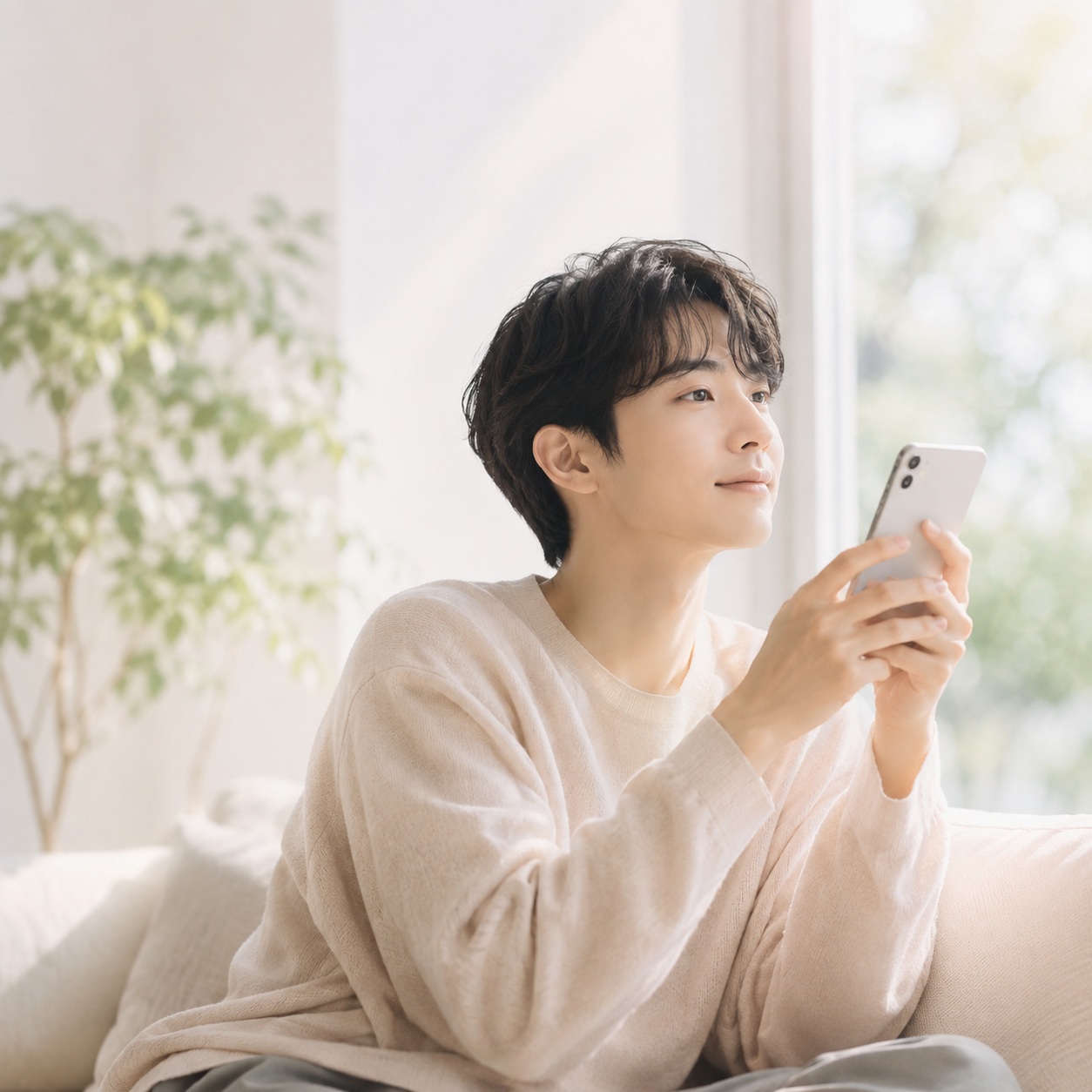 自分のペースでスマートフォンを見る男性